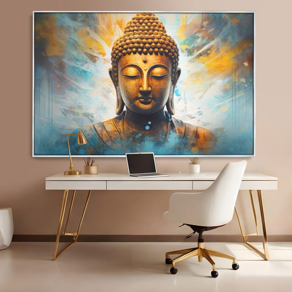 Tablou canvas cu tablou canvas cu bustul lui buddha, in rama de aluminiu argintiu, pe perete intr-un birou